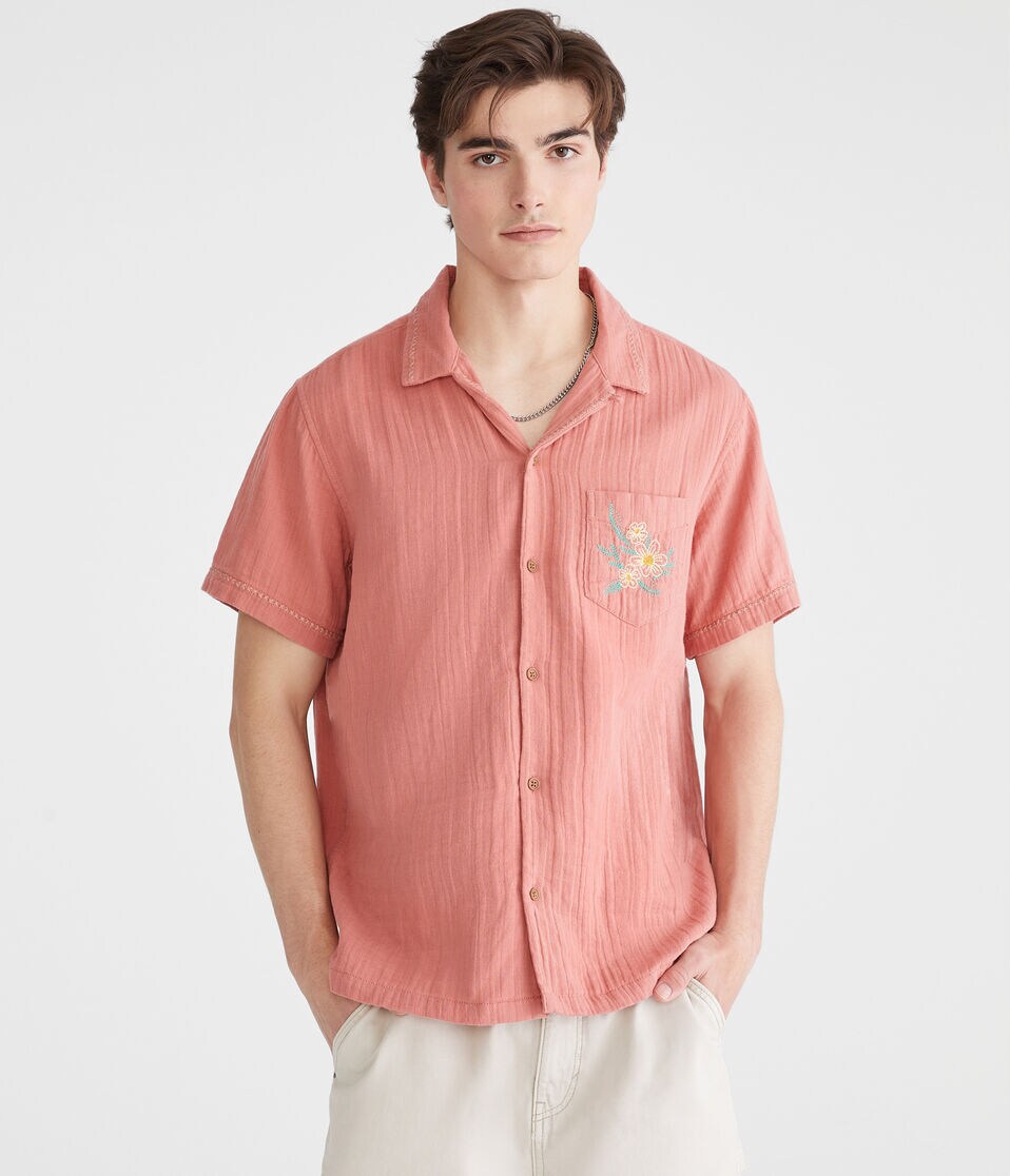 Short Sleeve Stitched Floral Gauze Camp Shirt 1 Short Sleeve Stitched Floral Gauze Camp Shirt