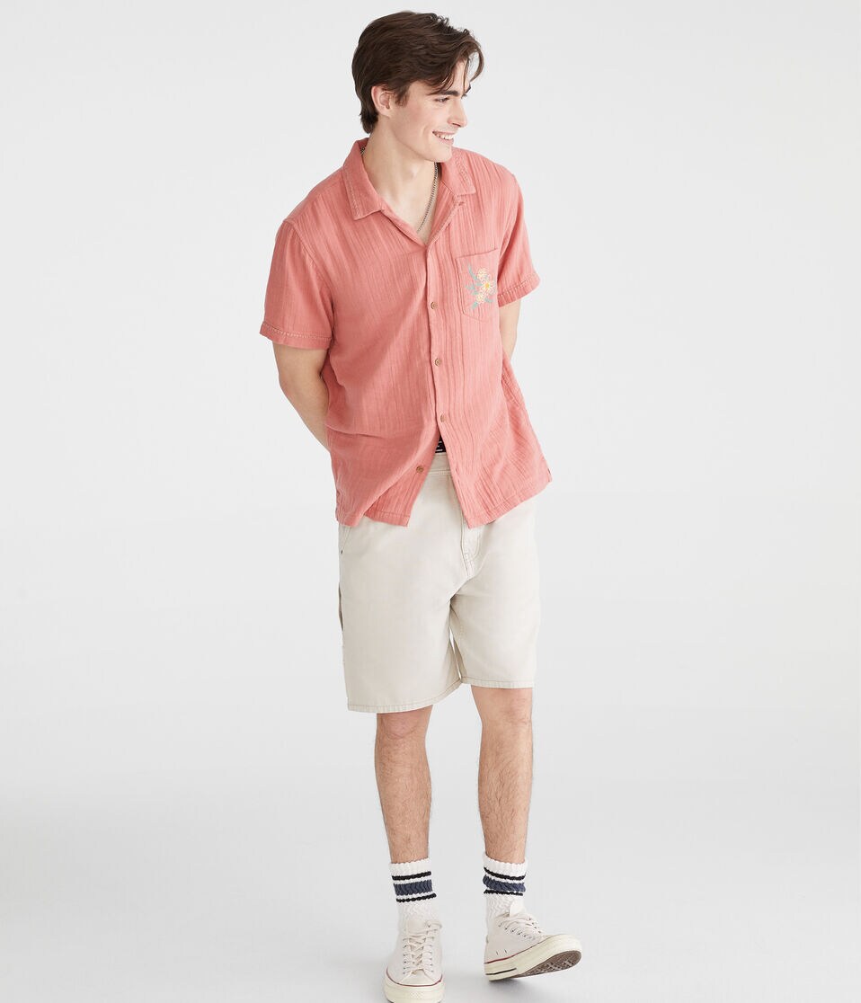 Short Sleeve Stitched Floral Gauze Camp Shirt 2 Short Sleeve Stitched Floral Gauze Camp Shirt
