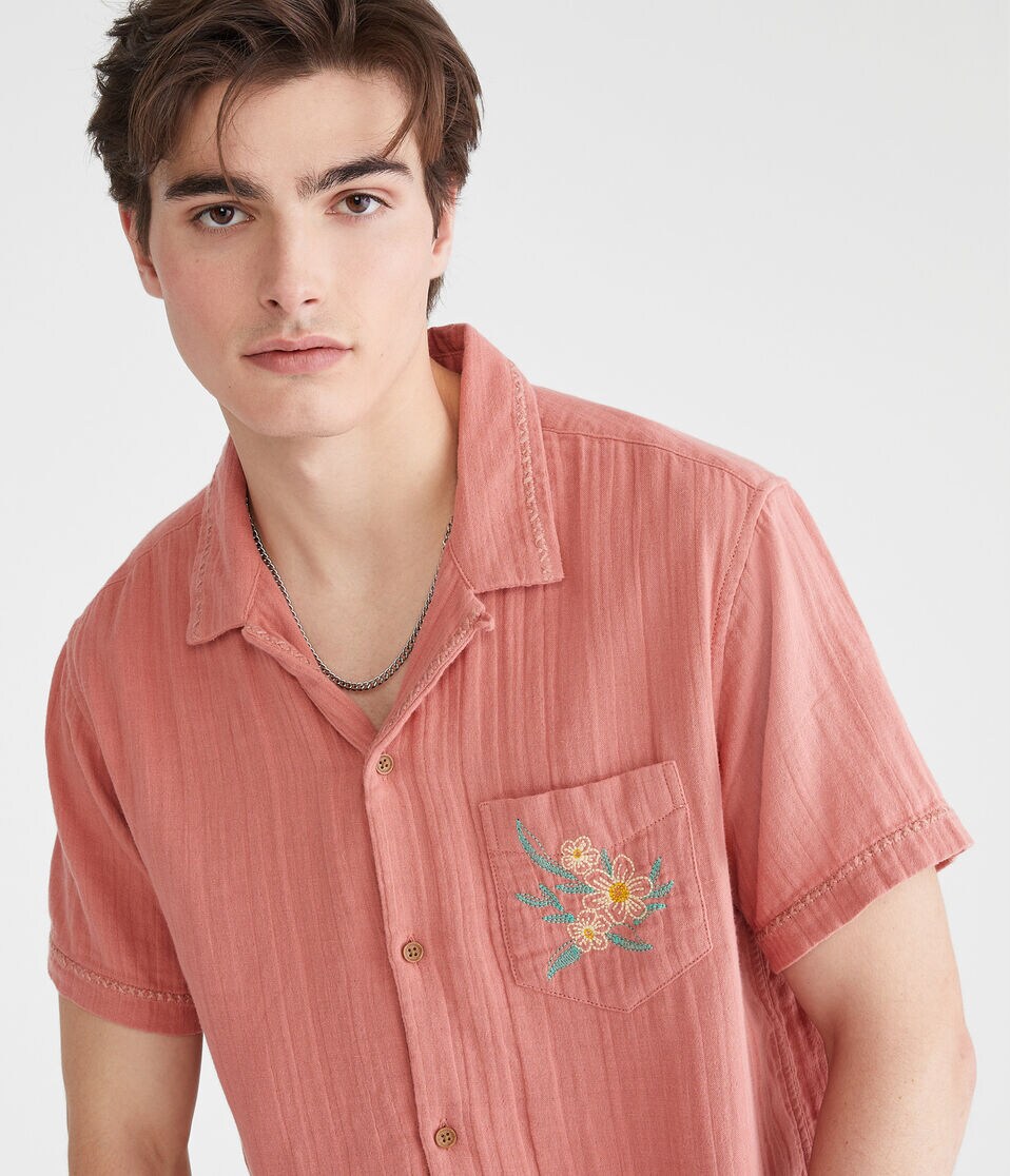 Short Sleeve Stitched Floral Gauze Camp Shirt 3 Short Sleeve Stitched Floral Gauze Camp Shirt