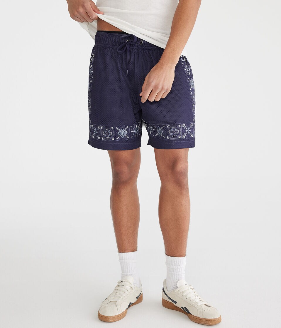 Border Print Mesh Shorts 6"