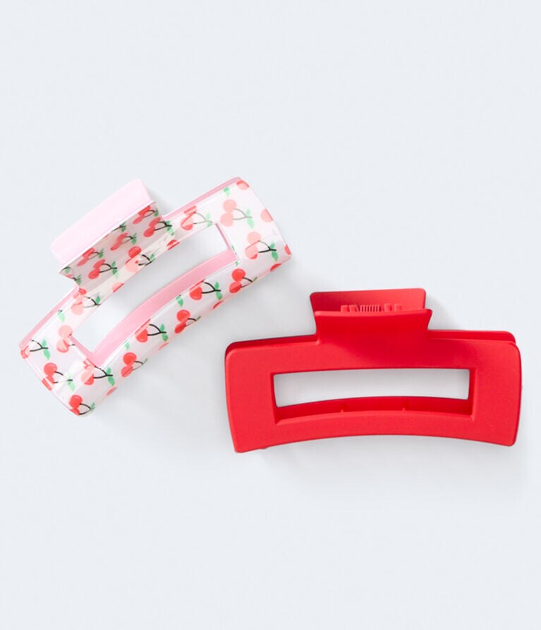 Cherries & Solid Rectangular Claw Hair Clip 2-Pack